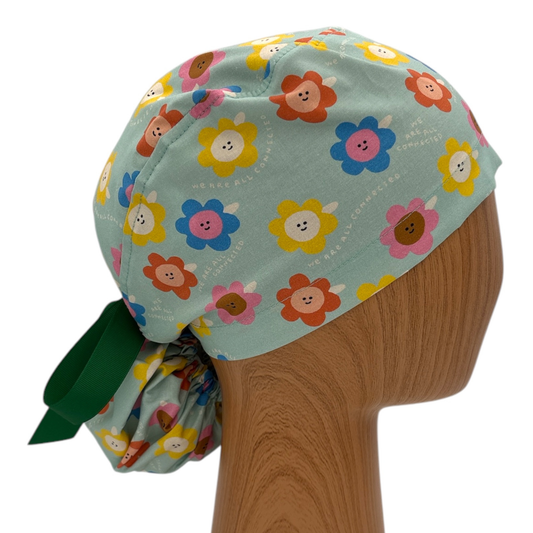 Happy Daisy Floral Ponytail Scrub Cap