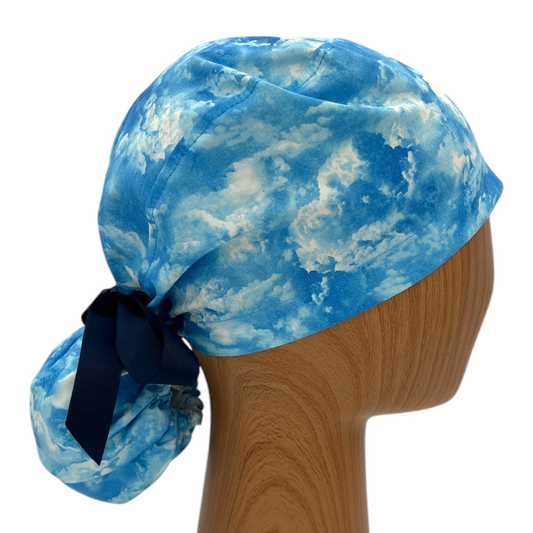 Blue Sky Scrub Cap Pony Tail Scrub Hat Ribbon Tie
