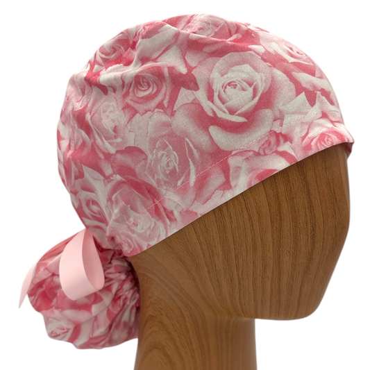 Pink Rose Ponytail Medical Scrub Cap
