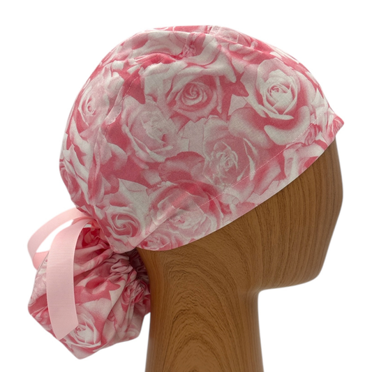 Pink Rose Ponytail Medical Scrub Cap