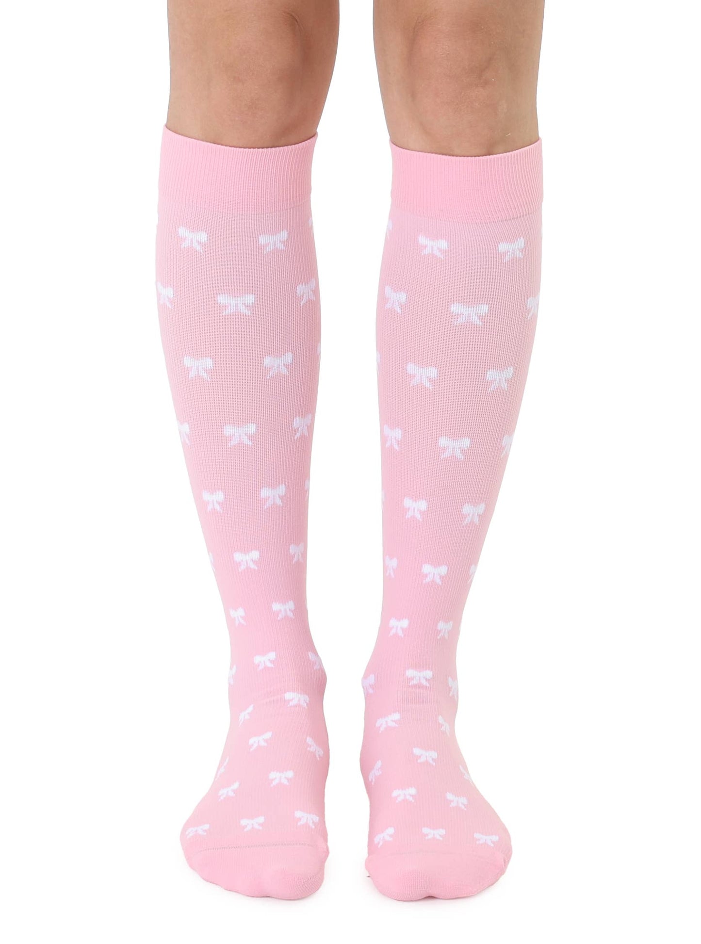 Compression Socks (15-20mmHg) - White Ribbon Bows - Pink