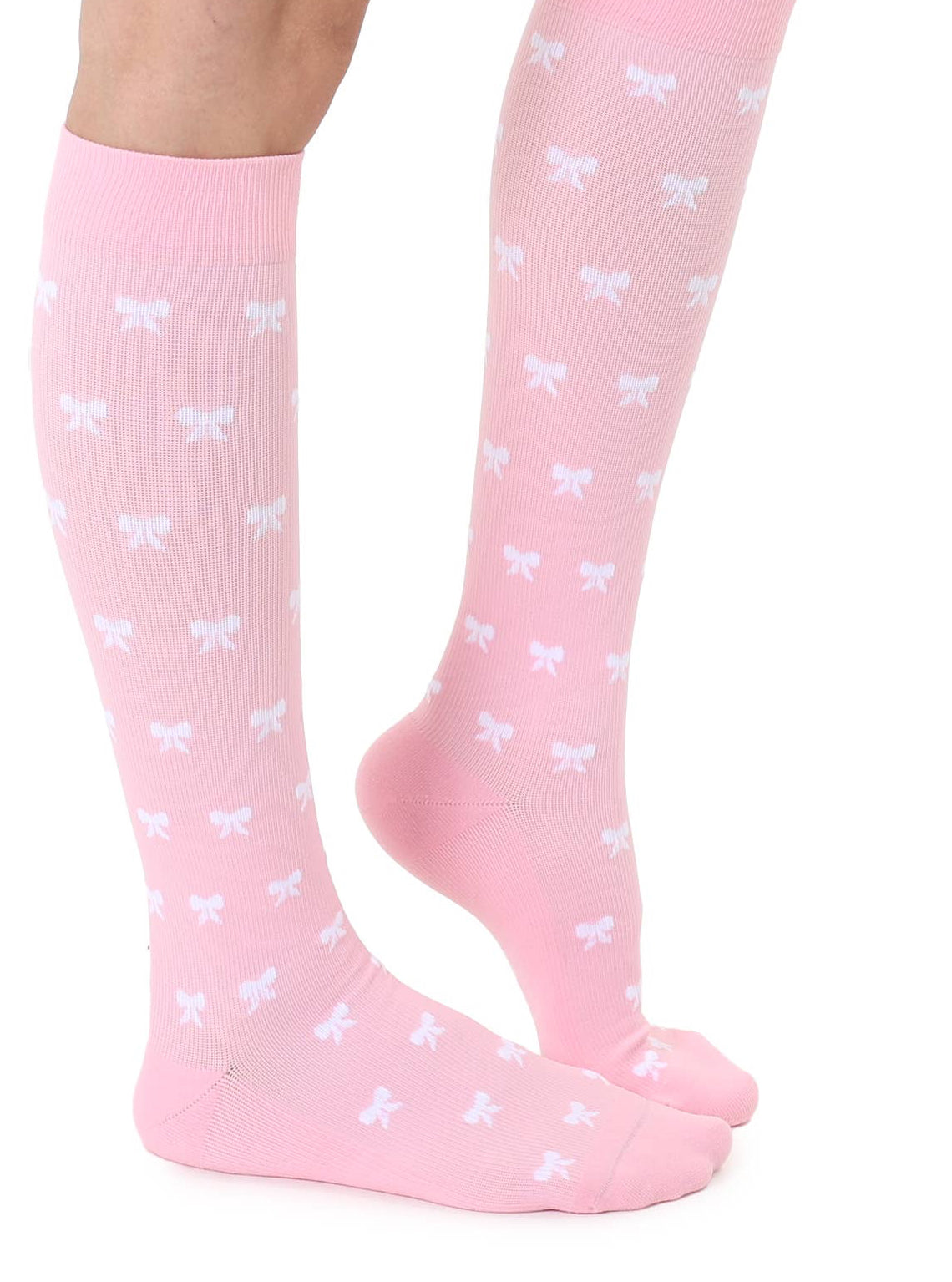 Compression Socks (15-20mmHg) - White Ribbon Bows - Pink