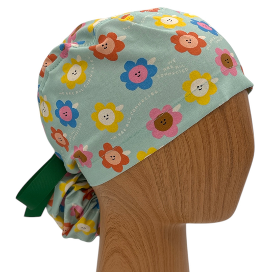 Happy Daisy Floral Ponytail Scrub Cap